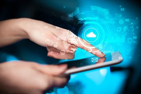 Hand holding tablet with cloud system concept Foto stock