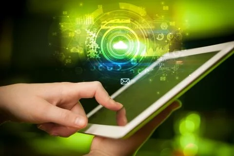 Hand holding tablet with cloud system concept Foto stock