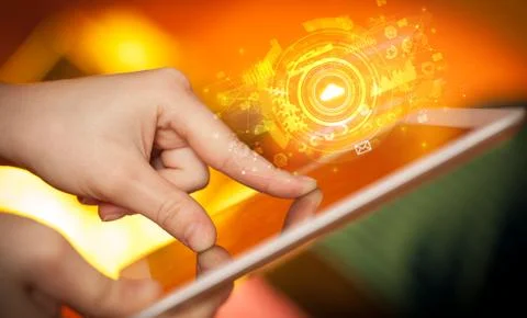 Hand holding tablet with cloud system concept Foto stock