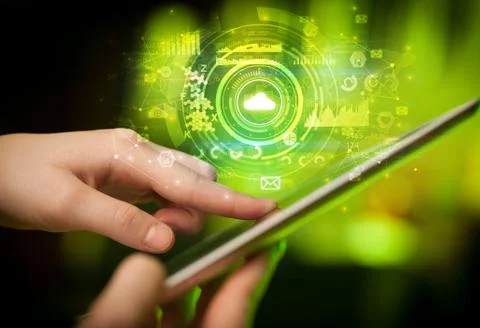 Hand holding tablet with cloud system concept Foto stock