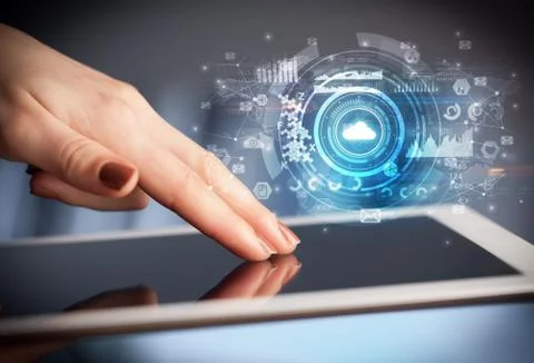 Hand holding tablet with cloud system concept Foto stock