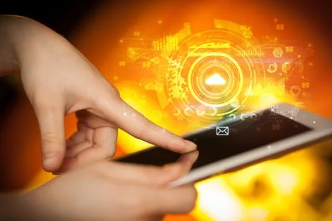 Hand holding tablet with cloud system concept Foto stock