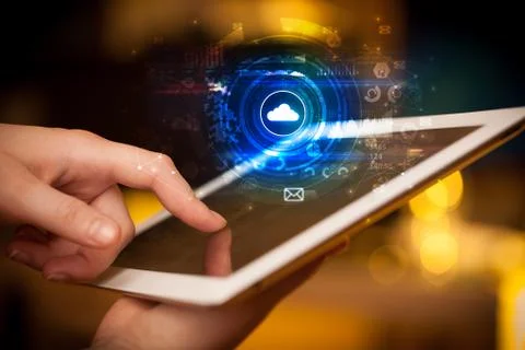 Hand holding tablet with cloud system concept Foto stock