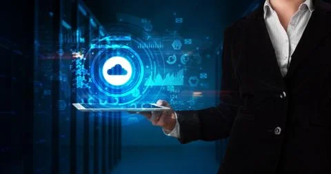 Hand holding tablet with cloud technology concept Foto stock