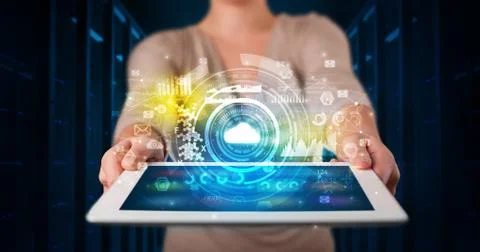 Hand holding tablet with cloud technology concept Foto stock