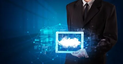 Hand holding tablet with cloud technology concept Foto stock