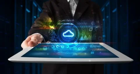 Hand holding tablet with cloud technology concept Foto stock