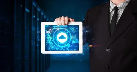 Hand holding tablet with cloud technology concept Foto stock