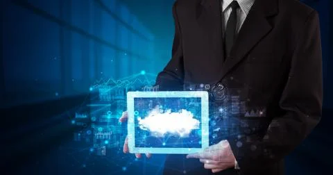 Hand holding tablet with cloud technology concept Foto stock