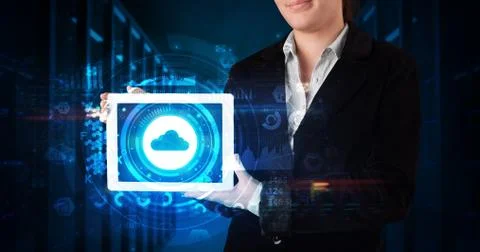 Hand holding tablet with cloud technology concept Foto stock