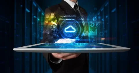 Hand holding tablet with cloud technology concept Foto stock