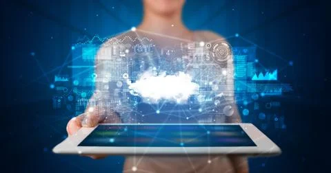 Hand holding tablet with cloud technology concept Foto stock