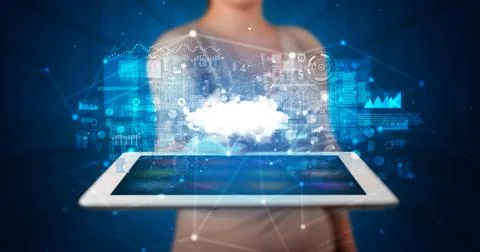 Hand holding tablet with cloud technology concept Foto stock