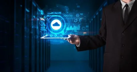 Hand holding tablet with cloud technology concept Foto stock