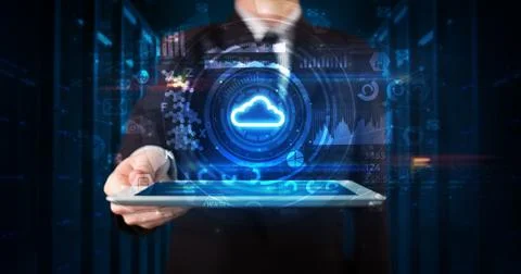 Hand holding tablet with cloud technology concept Foto stock