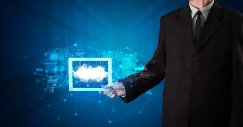 Hand holding tablet with cloud technology concept Foto stock