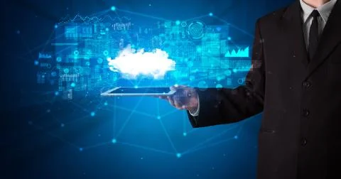 Hand holding tablet with cloud technology concept Foto stock