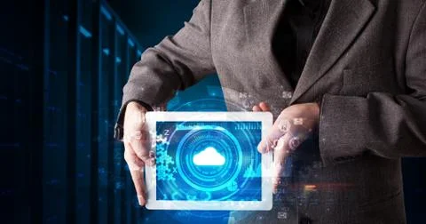 Hand holding tablet with cloud technology concept Foto stock