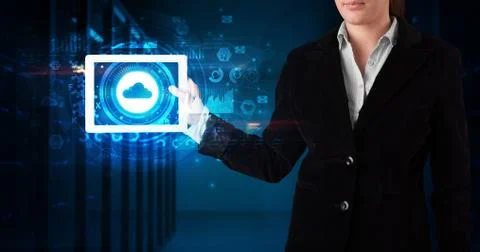 Hand holding tablet with cloud technology concept 写真素材