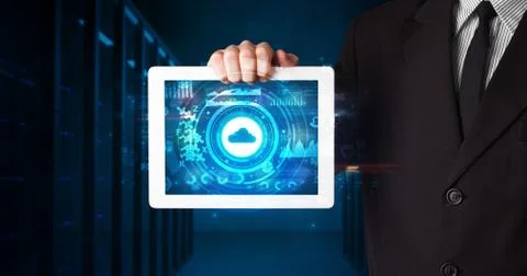 Hand holding tablet with cloud technology concept Foto stock