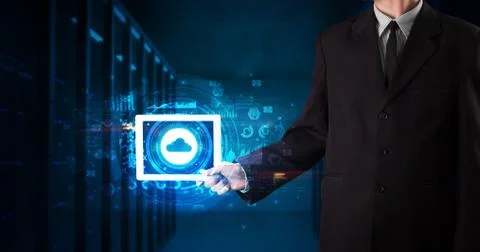 Hand holding tablet with cloud technology concept Foto stock