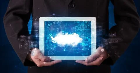 Hand holding tablet with cloud technology concept Foto stock