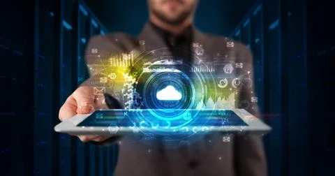 Hand holding tablet with cloud technology concept Foto stock