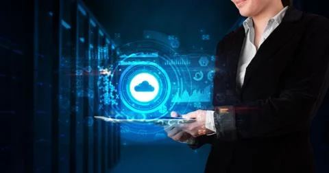 Hand holding tablet with cloud technology concept Foto stock