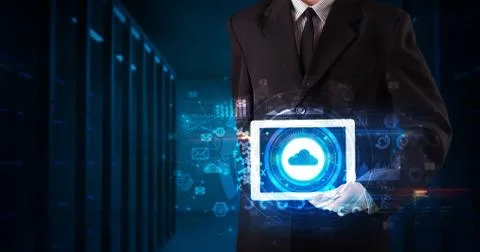 Hand holding tablet with cloud technology concept Foto stock