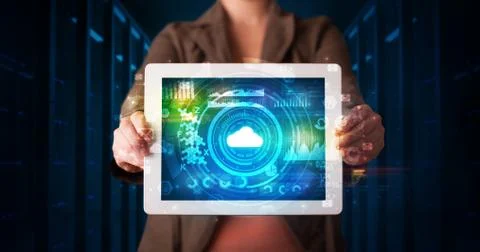 Hand holding tablet with cloud technology concept Foto stock