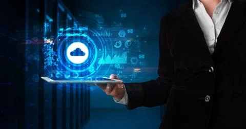 Hand holding tablet with cloud technology concept Foto stock