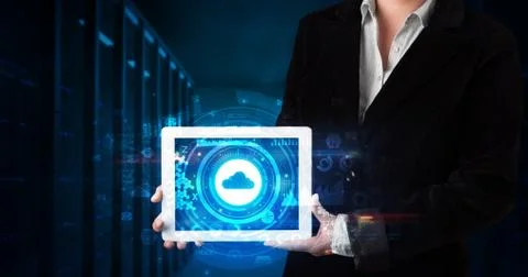 Hand holding tablet with cloud technology concept Foto stock