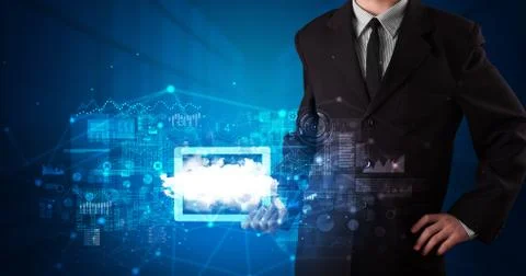 Hand holding tablet with cloud technology concept Foto stock