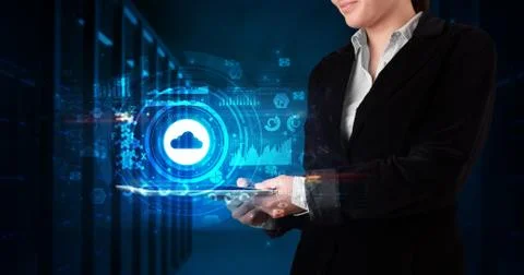 Hand holding tablet with cloud technology concept Foto stock