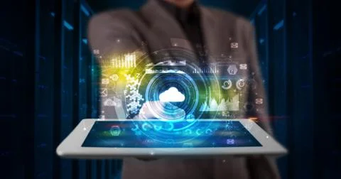 Hand holding tablet with cloud technology concept Foto stock