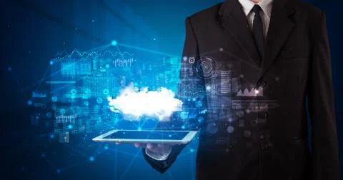 Hand holding tablet with cloud technology concept Foto stock