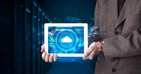 Hand holding tablet with cloud technology concept Foto stock