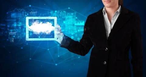 Hand holding tablet with cloud technology concept Foto stock