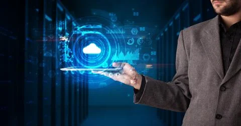 Hand holding tablet with cloud technology concept Foto stock