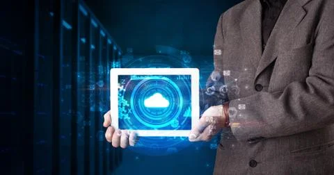 Hand holding tablet with cloud technology concept Foto stock