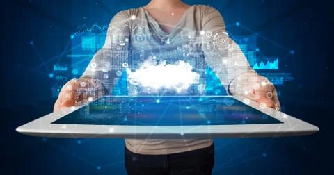 Hand holding tablet with cloud technology concept Foto stock