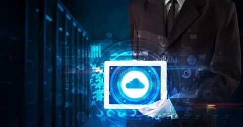 Hand holding tablet with cloud technology concept Foto stock