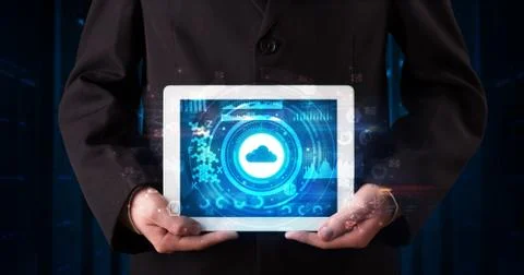 Hand holding tablet with cloud technology concept Foto stock