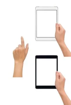 Hand holding tablet with hand touching gesture Stock Photos