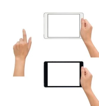 Hand holding tablet with hand touching gesture Foto stock