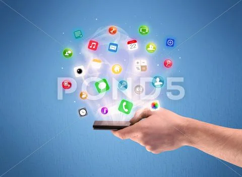Hand holding tablet phone with app icons Stock Photos