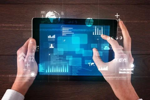 Hand holding tablet 스톡 사진