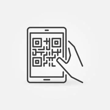 Hand holding Tablet with QR Code vector thin line icon Stockillustratie