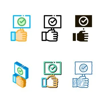 Hand holding tablet with styles approved mark vector icon Stock Illustration