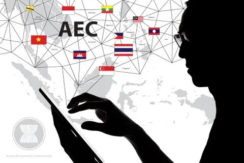 Hand holding tablet with touching hand,  ASEAN Economic Community Illustrazione stock
